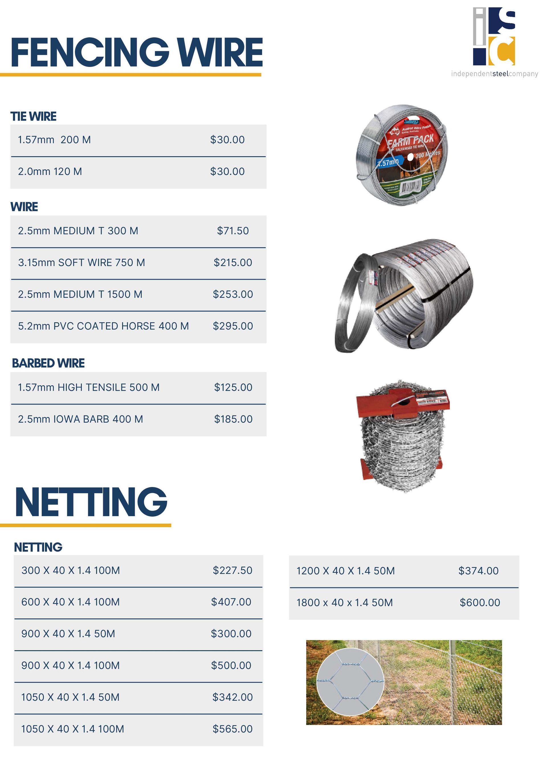 Product catalog for fencing wire and netting, showing various wire types, roll sizes, and prices in a list format.