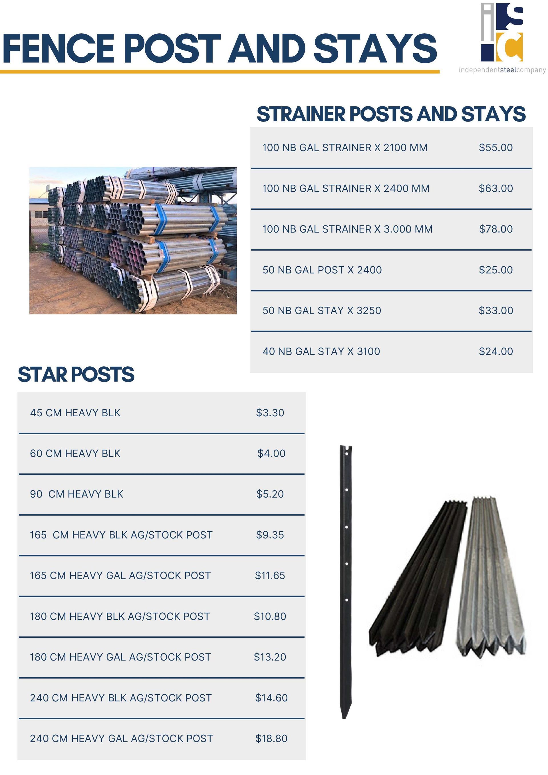 A price list for fence posts and stays, featuring images of stacked steel pipes and star posts with corresponding costs.
