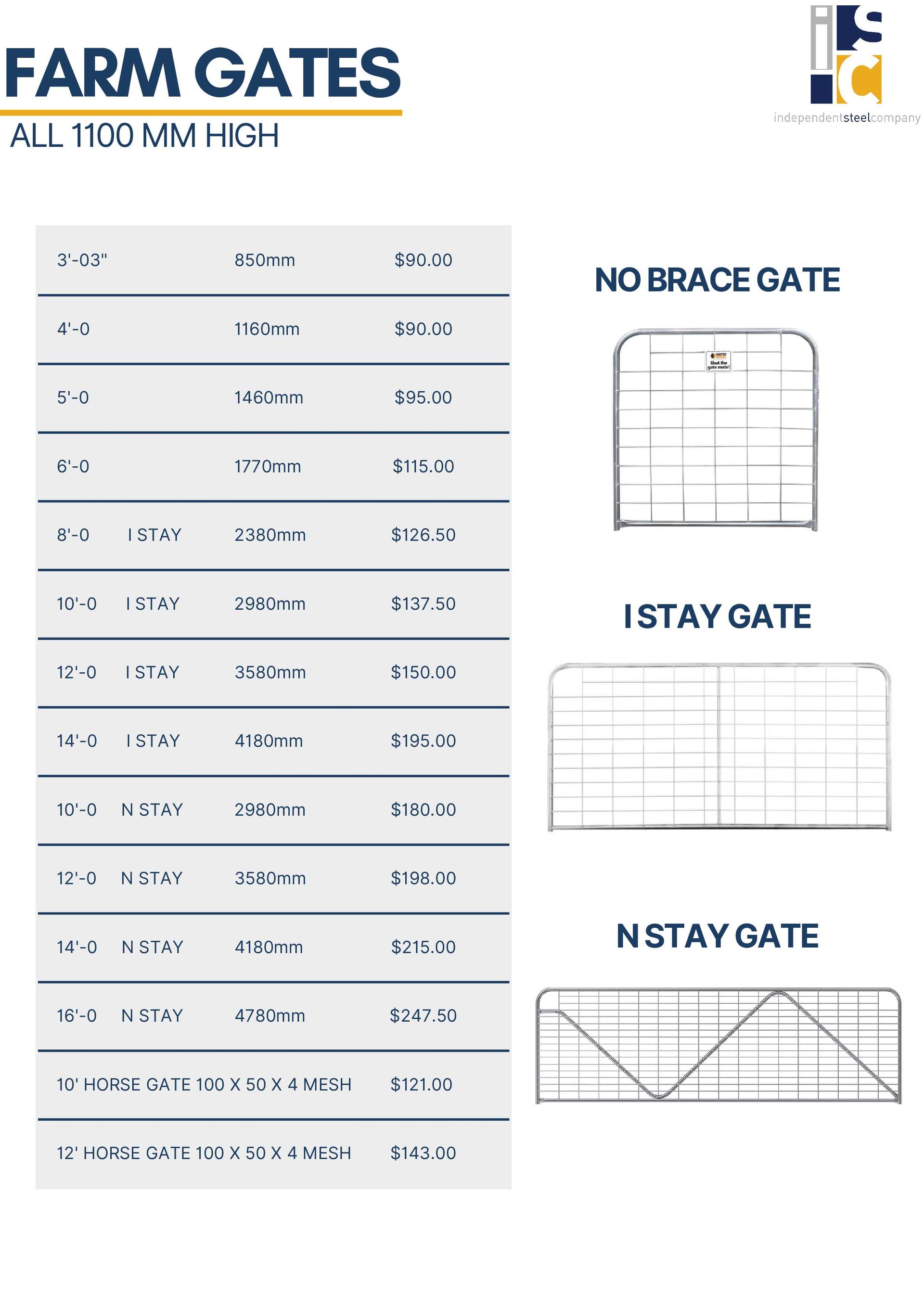 A price list for 1100mm high farm gates, showing types and sizes alongside illustrations of gate brace designs.