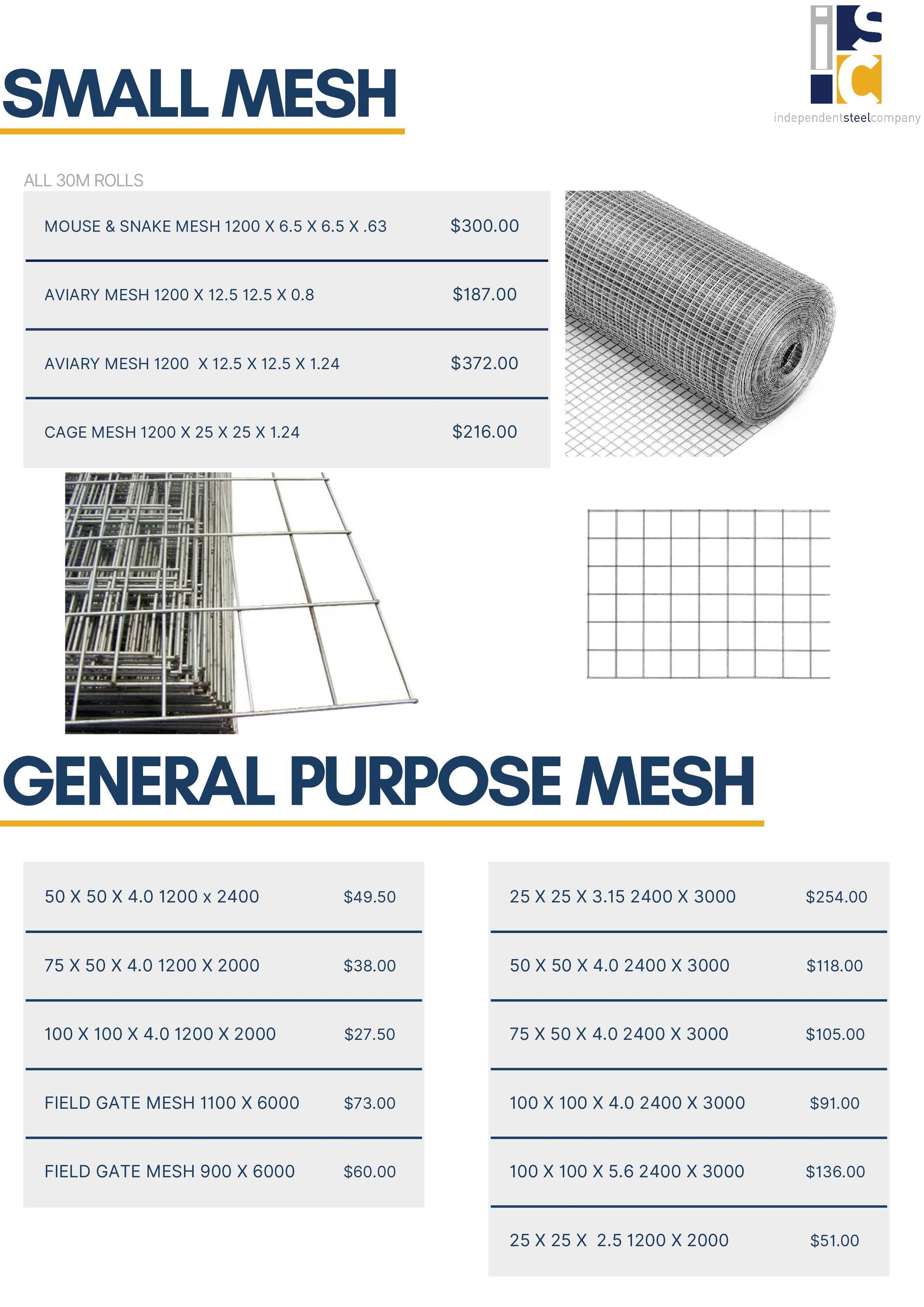 A product catalog page displaying small and general-purpose wire mesh options with pricing tables and product images.