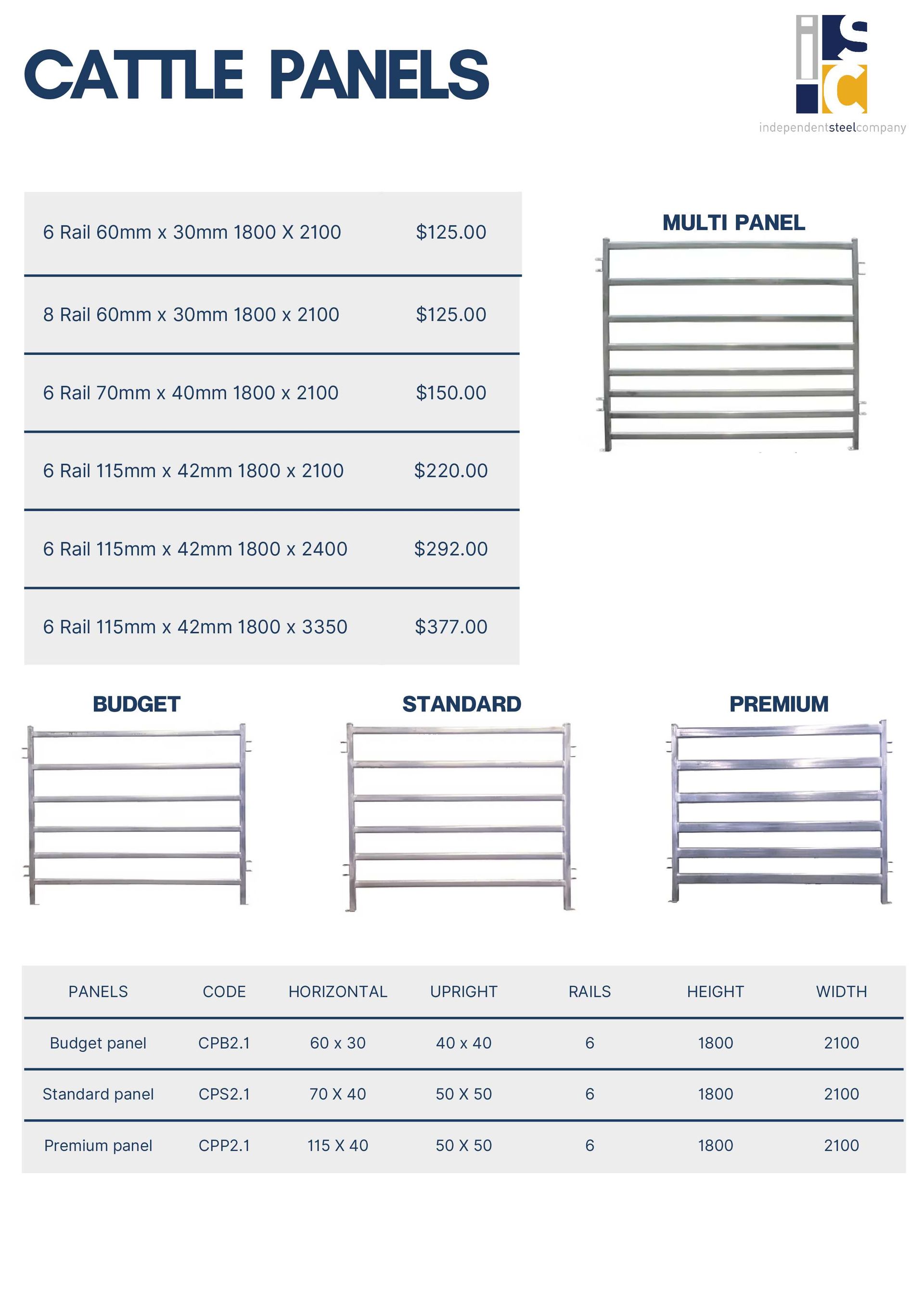 A product catalog page displaying various cattle panel types, specifications, and dimensions with product diagrams.