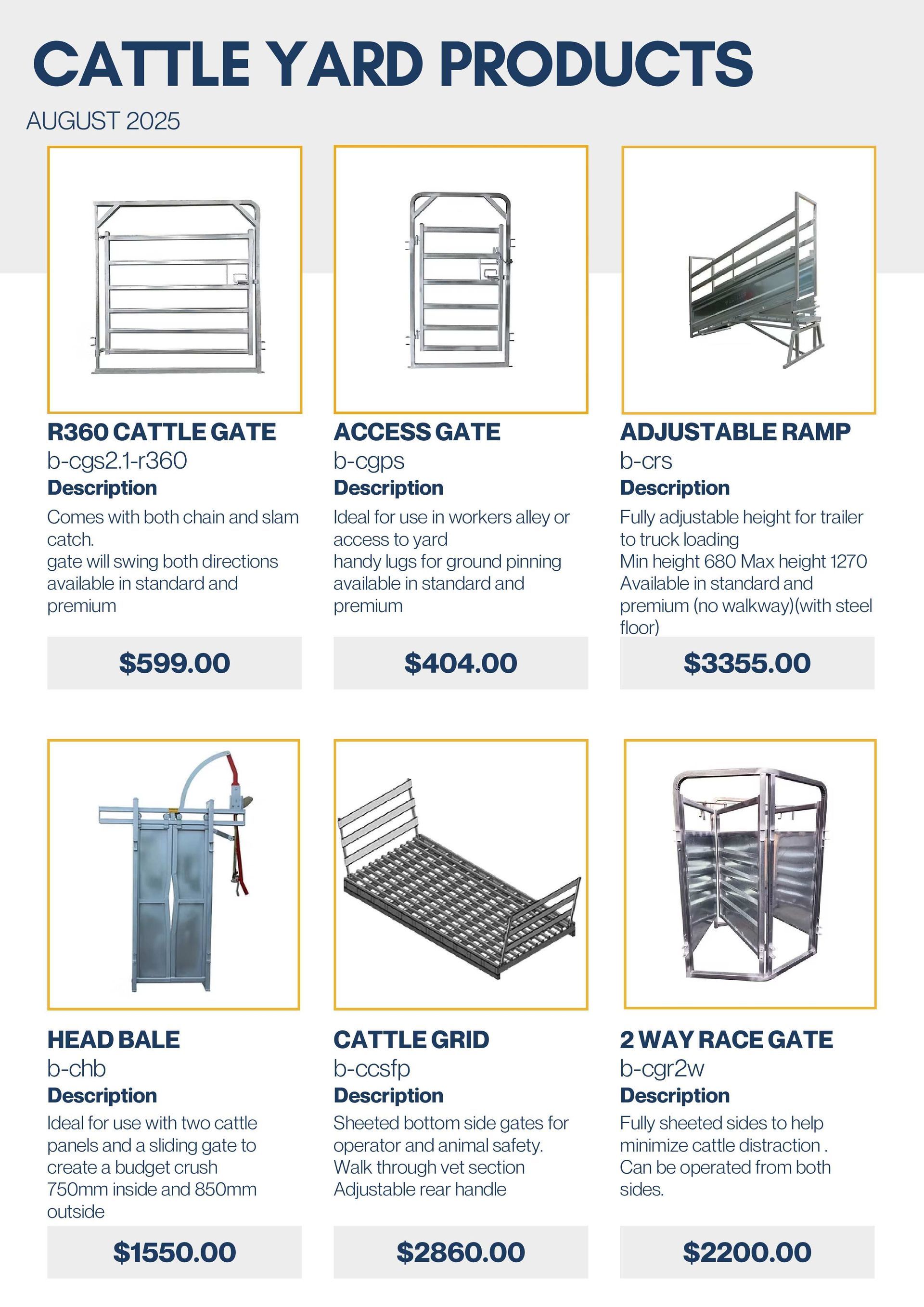 A product catalog grid for Cattle Yard products, showing six metal livestock equipment items with names and prices.
