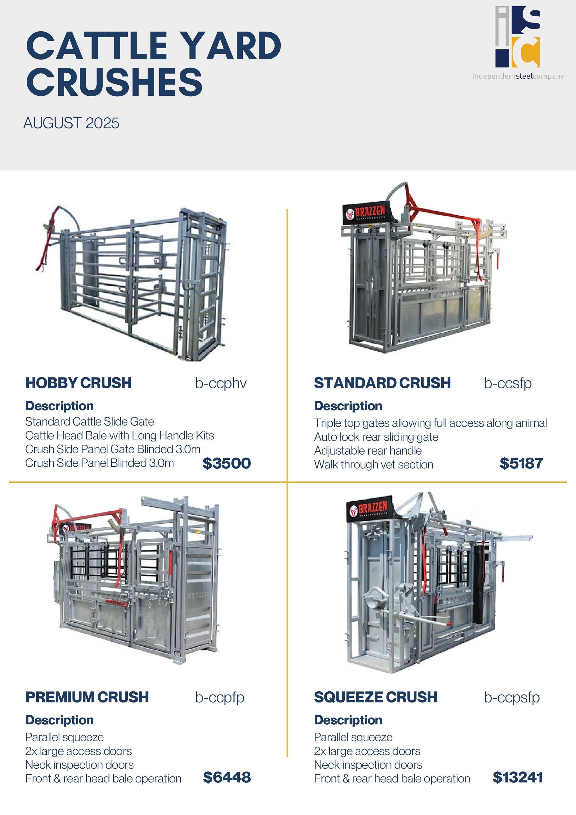 A catalog page for cattle yard crushes, showing four models with names, features, and prices.