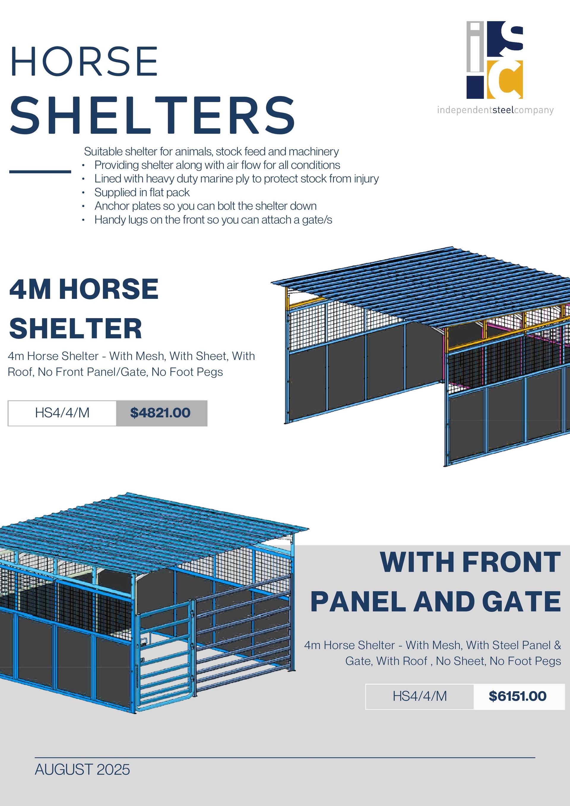 Flyer for 4m horse shelters showing options with and without a front panel and gate, including pricing for August 2023.