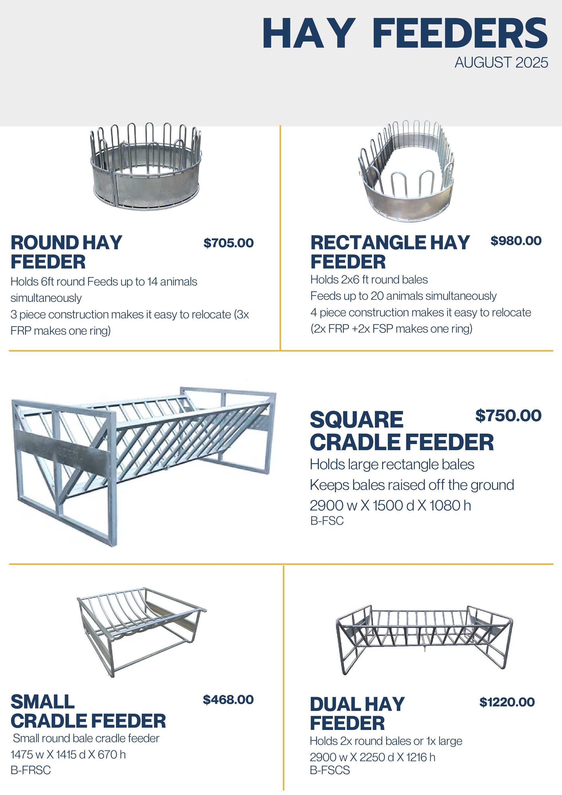 A price list for hay feeders, showing six different styles of metal hay feeding equipment with their costs.