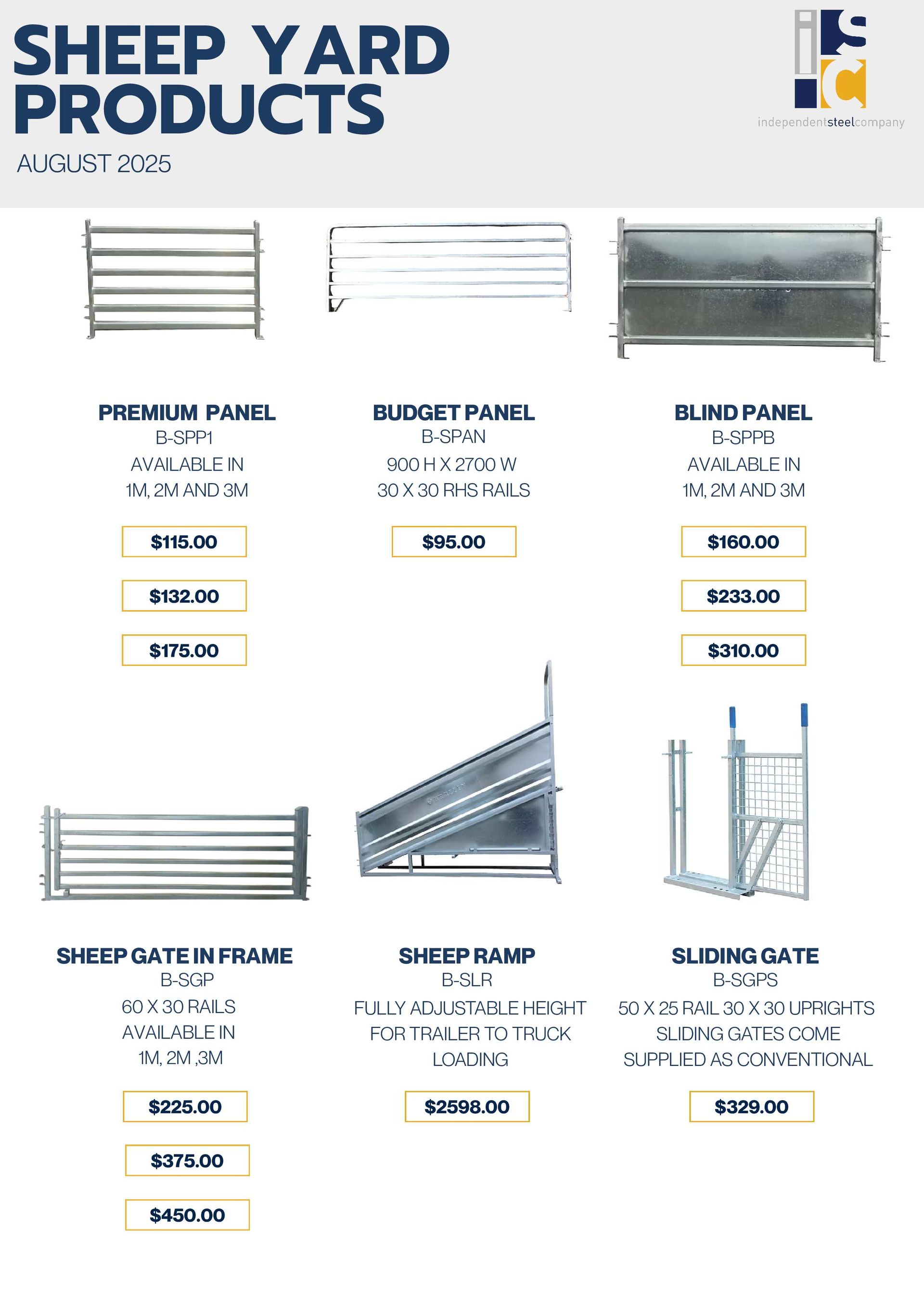 Product catalog for various metal sheep yard panels, gates, and ramps with associated pricing information.