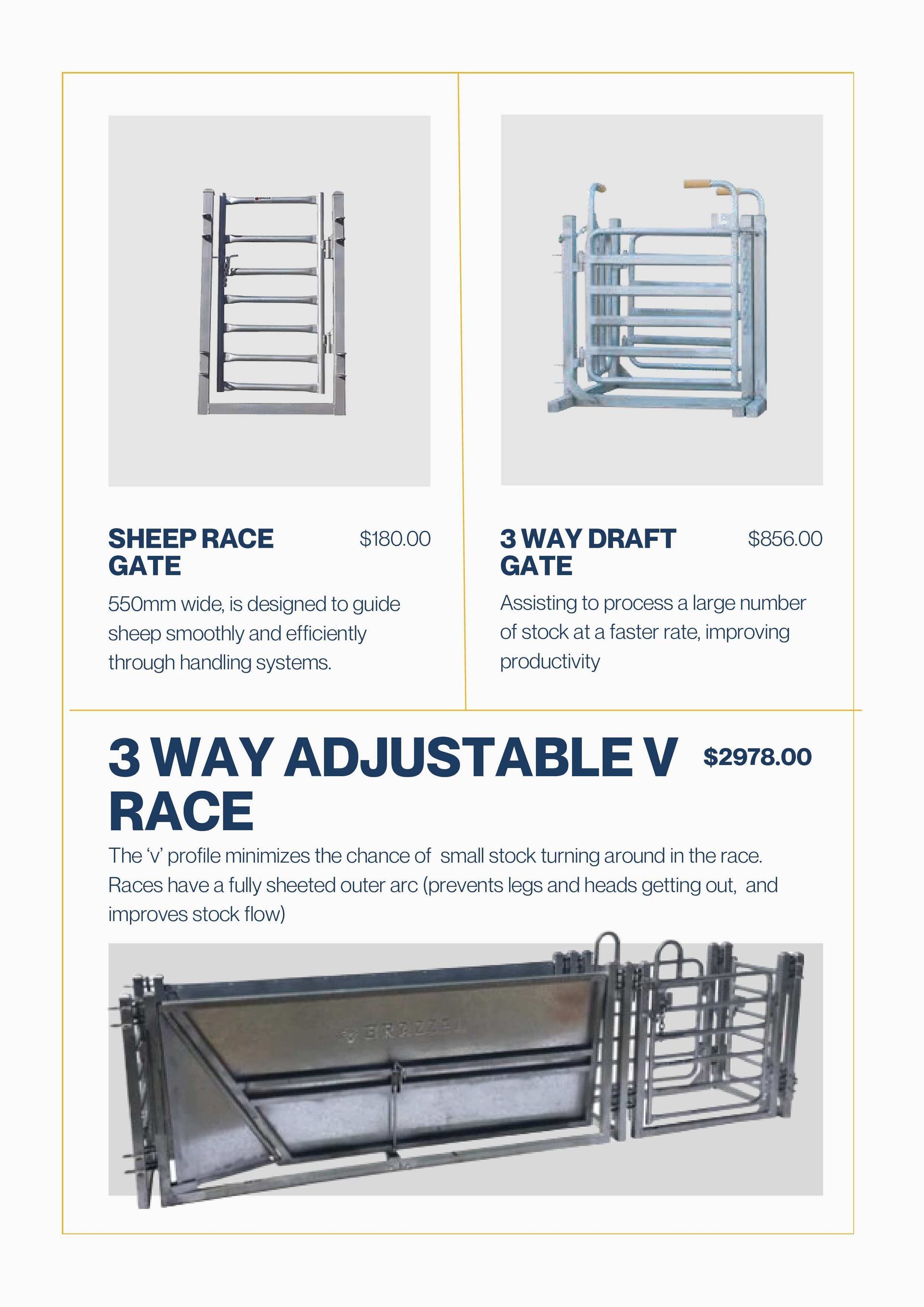 A product catalog showing a sheep race gate, a 3-way draft gate, and a 3-way adjustable V-race for livestock handling.