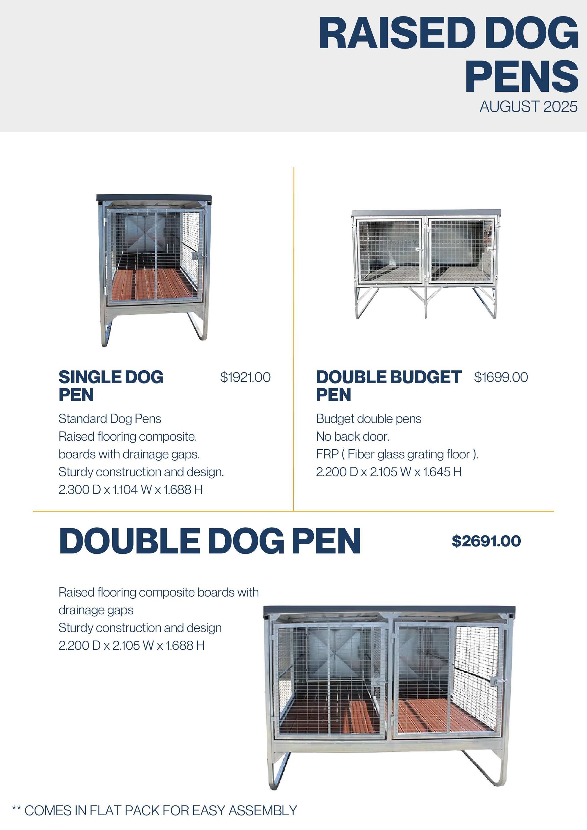 A flyer for raised dog pens, listing the Single Dog Pen, Double Budget Pen, and Double Dog Pen with their prices.