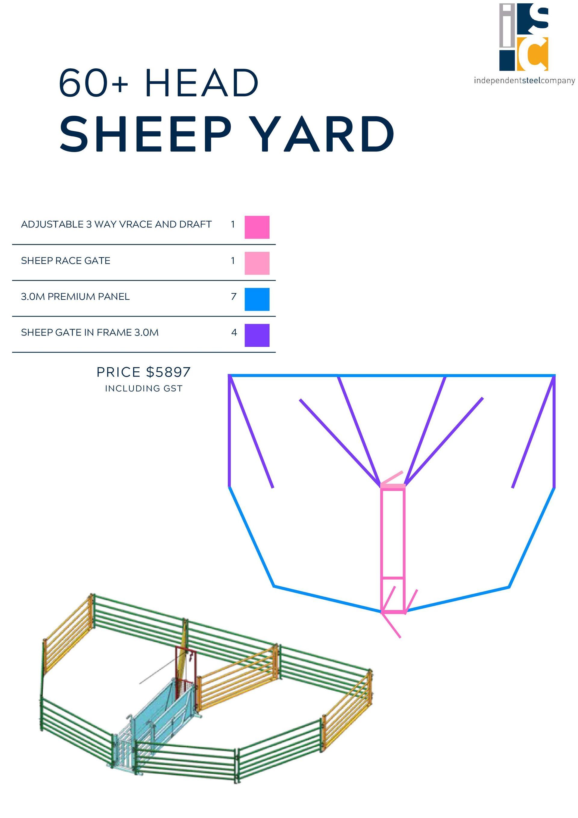 A schematic diagram and 3D render of a 60+ head sheep yard layout featuring colored pens and a central working race.