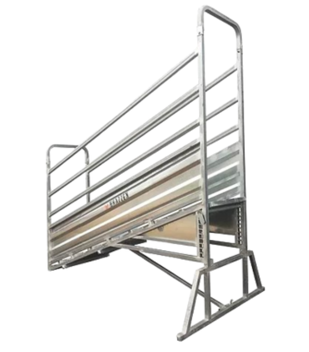 A galvanized metal livestock loading ramp with a railed incline, set against a plain white background.