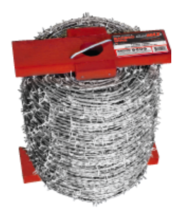 A spool of silver barbed wire held together by red metal end caps against a white background.