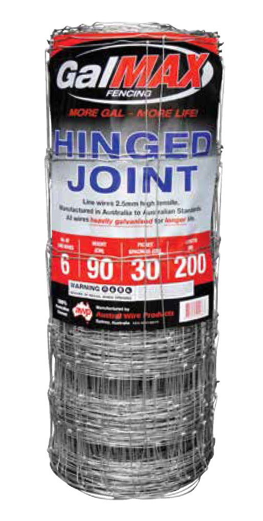 A roll of GalMAX Hinged Joint fencing wire with a red and white label, featuring product specifications.