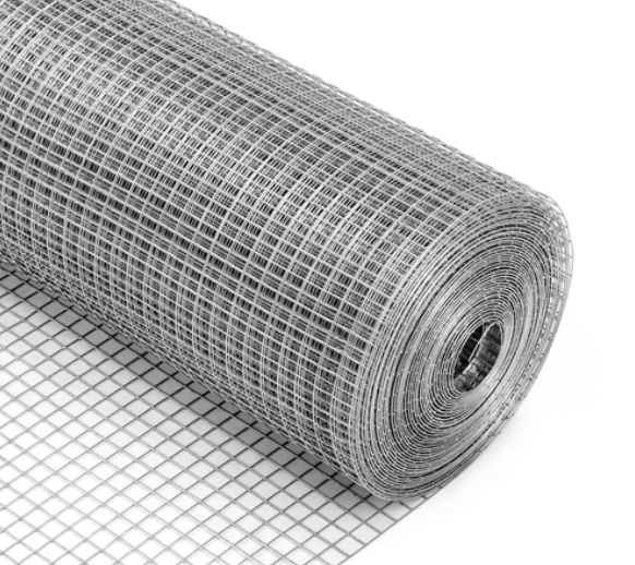 A rolled bundle of galvanized steel hardware cloth mesh with a square grid pattern, isolated on a white background.