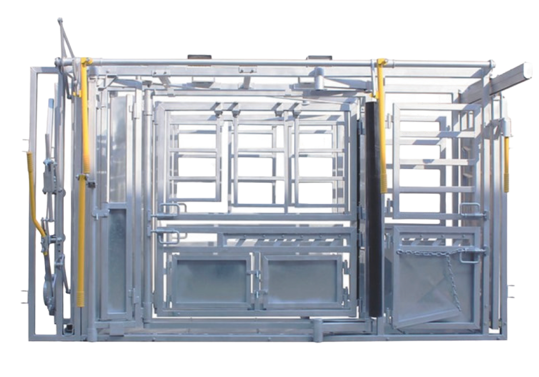 A large metal cage with a yellow railing on a white background.