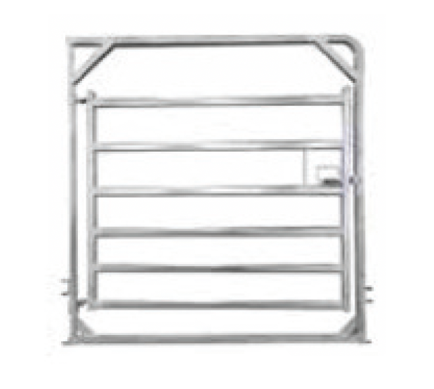 A metal livestock gate with a rectangular outer frame and six horizontal rails within the swinging gate section.