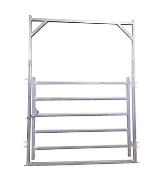 A galvanized steel walk-through gate with five horizontal bars and a tall, arched support frame.