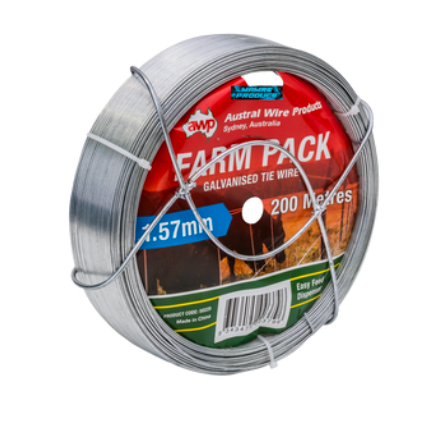 A coil of silver galvanised tie wire, 1.57mm in diameter and 200 metres long, with a red and green product label.