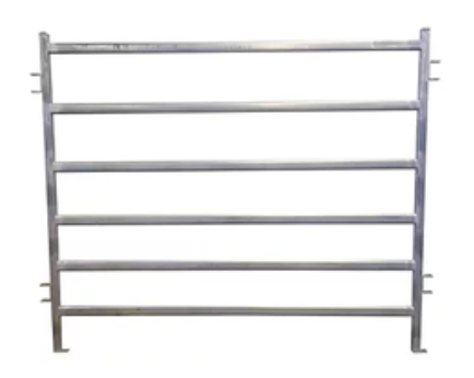 A 6-rail galvanized metal livestock panel with connection brackets on each side.