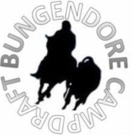 A silhouette of a man riding a horse in a circle that says bungendore campdraft