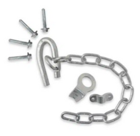 A metal hook and chain set with four matching screws and two mounting brackets on a white background.