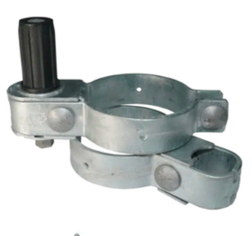 A galvanized metal gate post hinge clamp with a black plastic cap, shown against a white background.