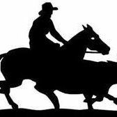 A silhouette of a man riding a horse on a white background.