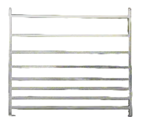 A silver-colored metal window security bar with eight horizontal slats and two vertical side frames.