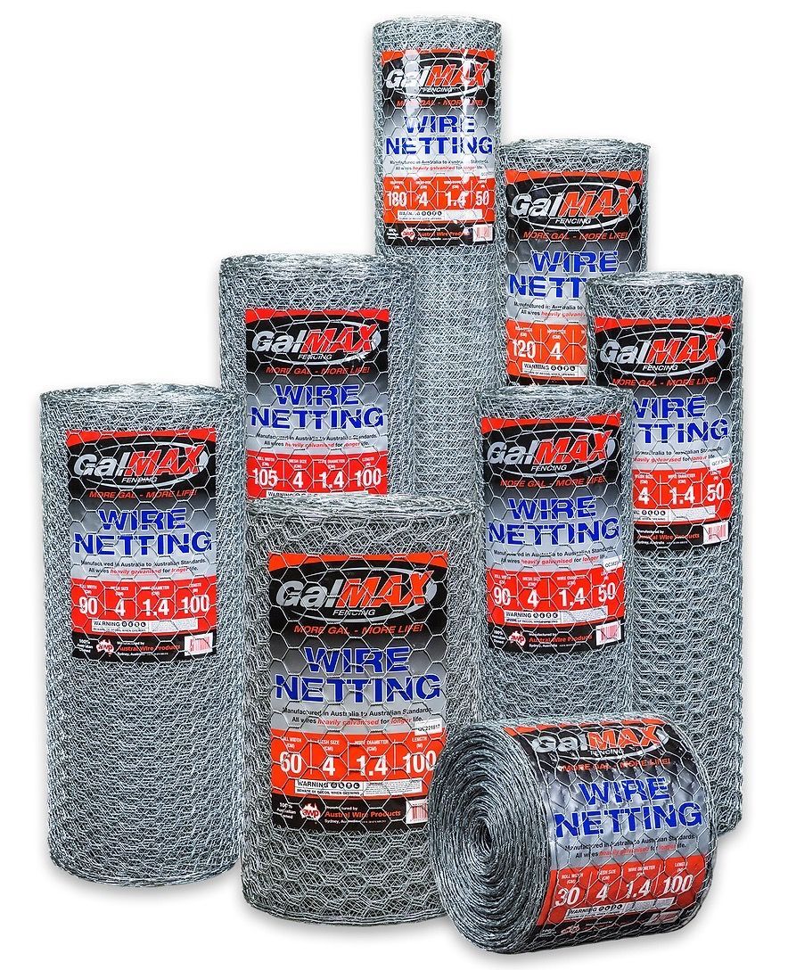 A group of GalMax wire netting rolls of various sizes stacked against a white background.