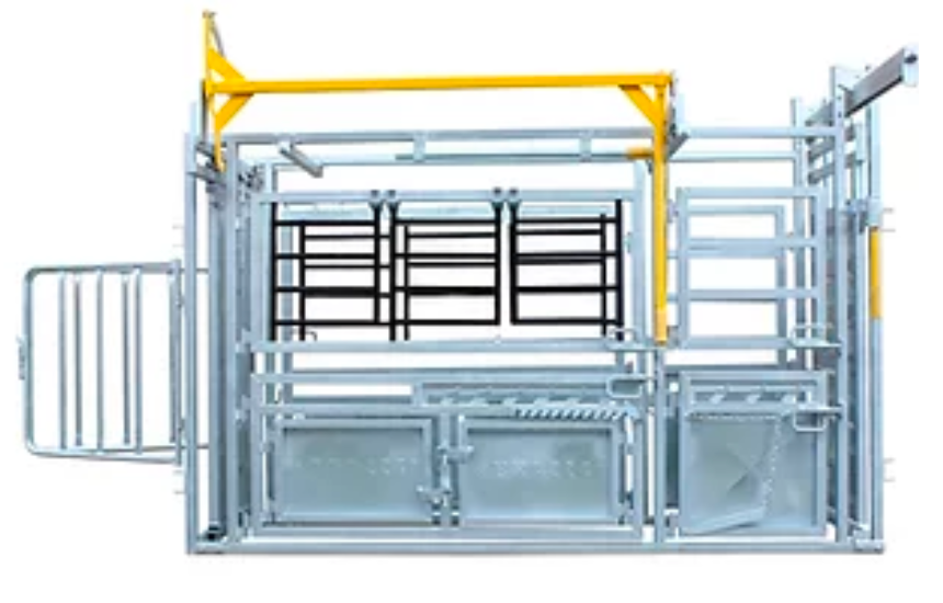 A metal cattle squeeze chute with a yellow support arm on a white background.