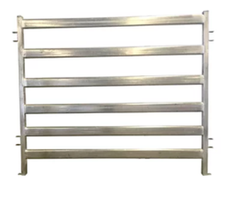 A rectangular metal livestock panel featuring six horizontal bars and connector brackets on both vertical sides.
