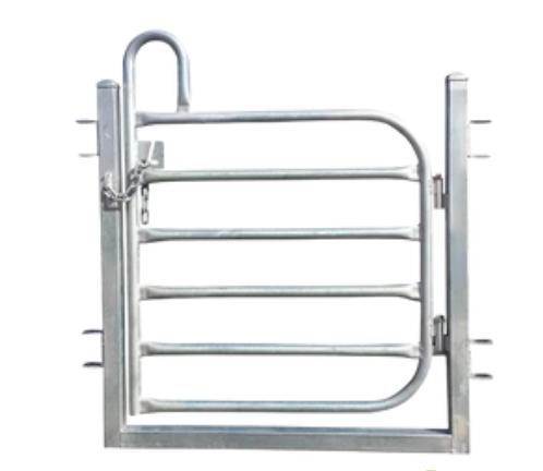A metal gate consisting of a rectangular frame with a swinging five-bar interior gate secured by a chain latch.
