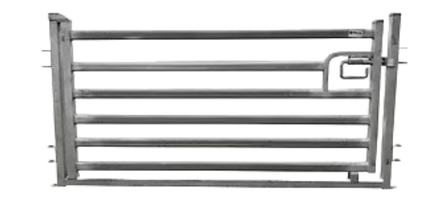 A gray, rectangular metal livestock gate with six horizontal bars and a latch mechanism on the right side.