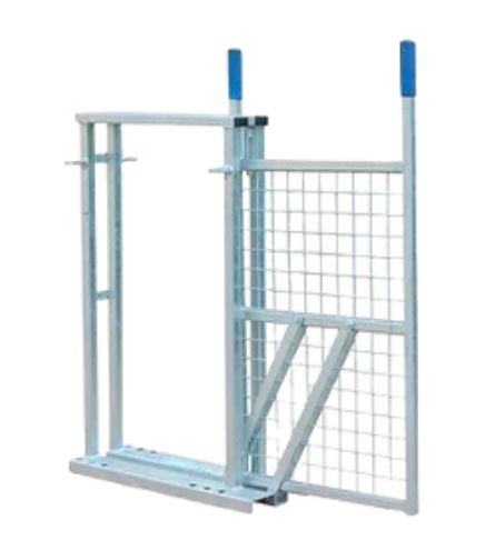 A galvanized steel industrial safety gate with a wire mesh panel and blue-capped vertical support posts.