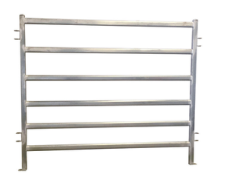 A rectangular, silver-colored metal livestock panel featuring six horizontal bars and connectors on both vertical sides.