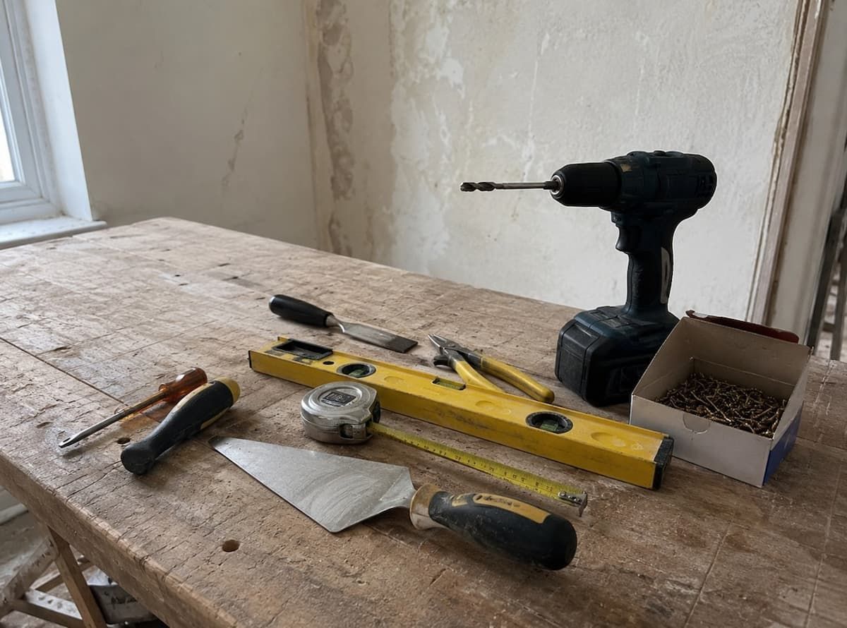 Tools laid out on a workbench ready for a J&Z Property Maintenance job in South Wales