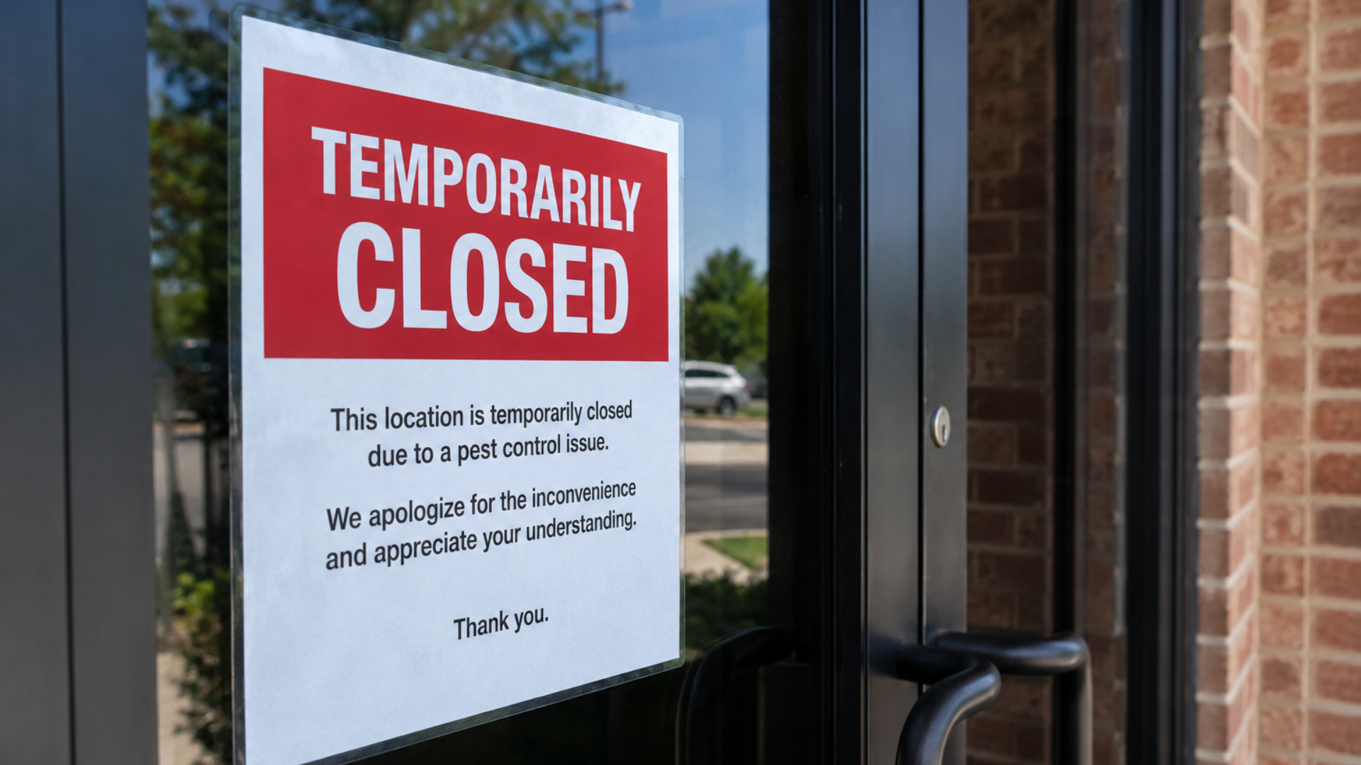 Temporarily closed sign on a glass door with brick exterior visible
