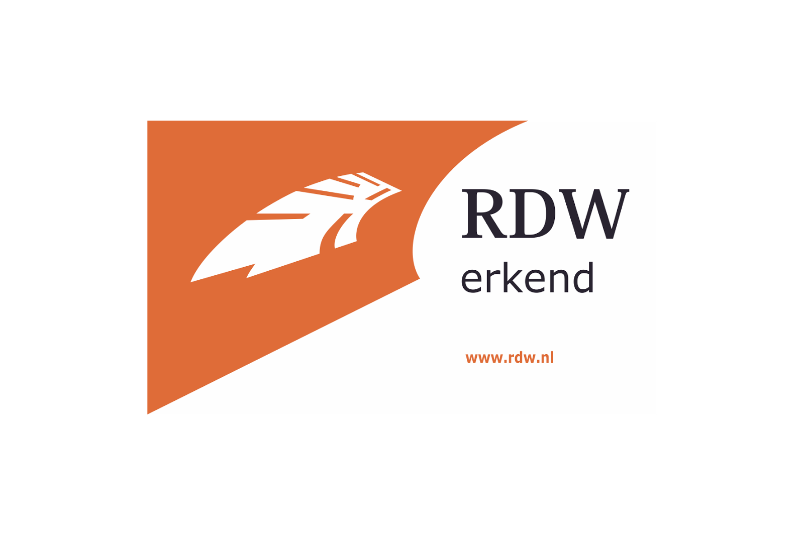 RDW erkend logo met oranje banner, witte veer en websitetekst www.rdw.nl