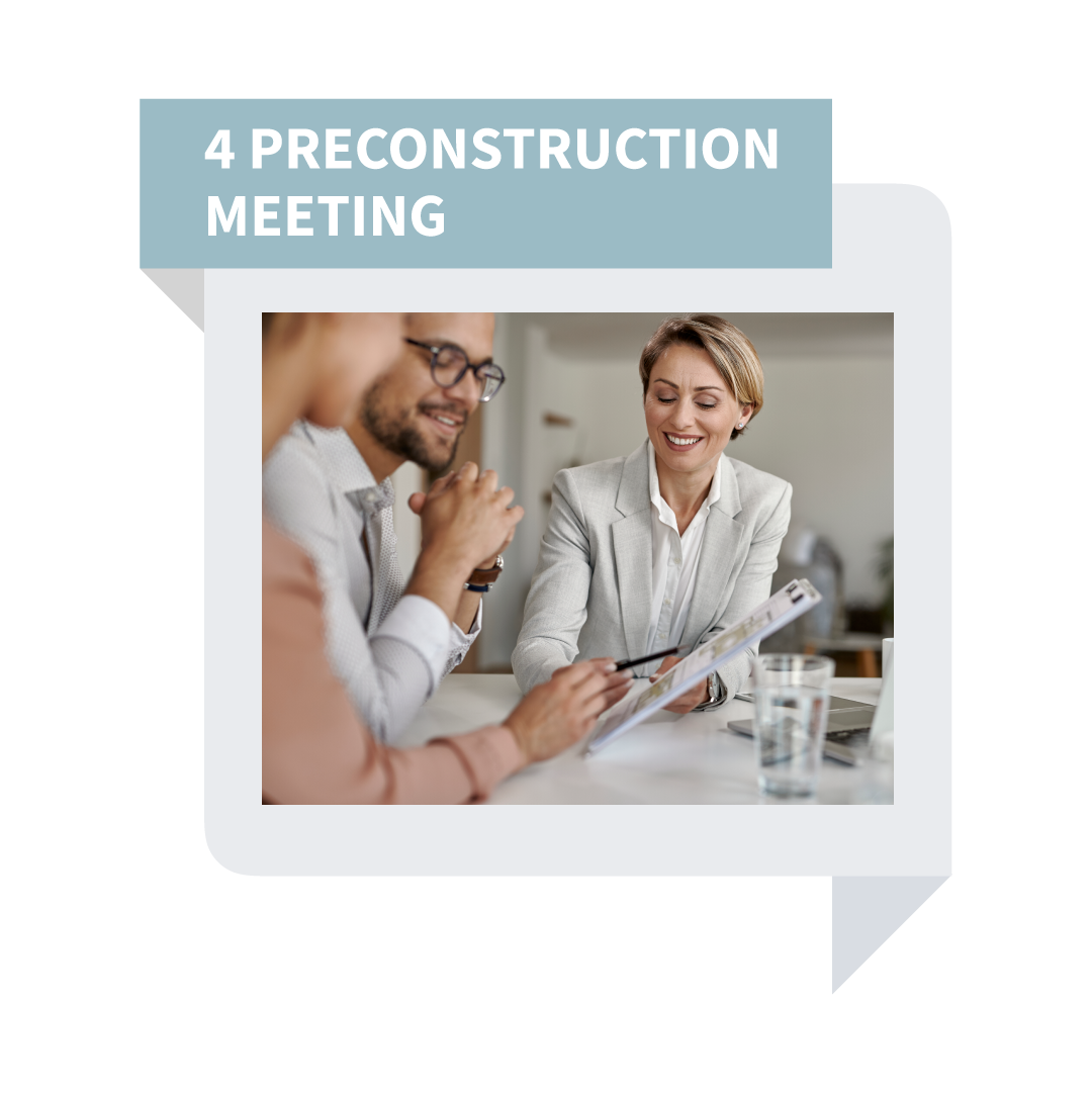 Two people in a bright office meeting over documents, labeled “4 Preconstruction Meeting”