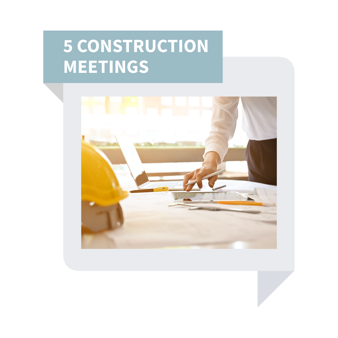 Construction meeting graphic with worker hand on blueprints, hard hat, and text “5 CONSTRUCTION MEETINGS”