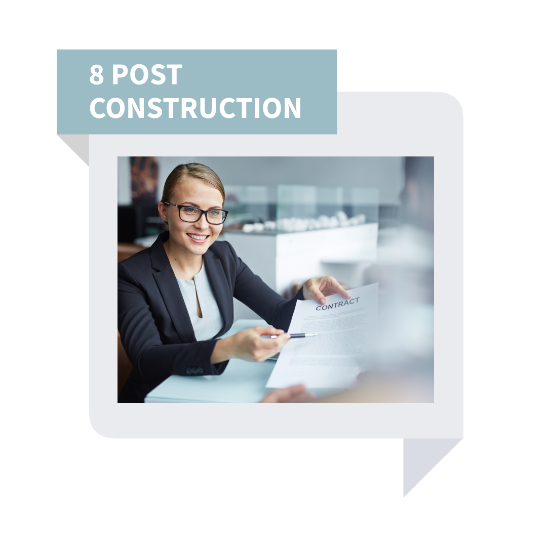 8-post construction template with a smiling professional holding a document in an office setting