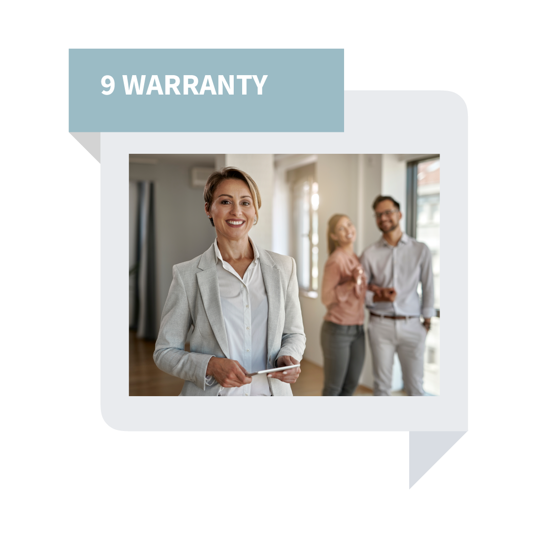Warranty banner with smiling office staff, featuring a blue “9 WARRANTY” label and layered photo frames.