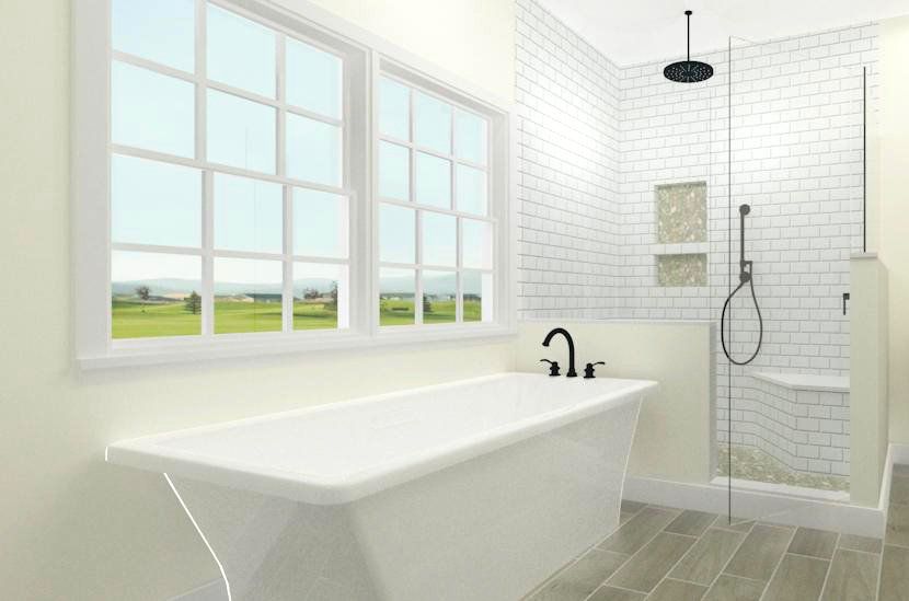 Bright white bathroom with a freestanding tub, walk-in shower, and large windows overlooking a field