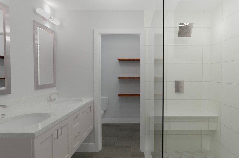 Modern bathroom with white vanity, glass shower, and recessed shelving niche