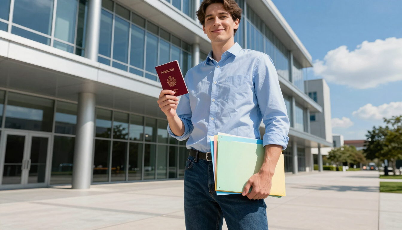 Estudiante sosteniendo un pasaporte y una carpeta frente a un edificio moderno.