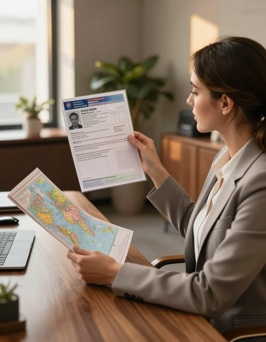 Una mujer con chaqueta revisa un mapa de viaje y un documento en un escritorio de una oficina.
