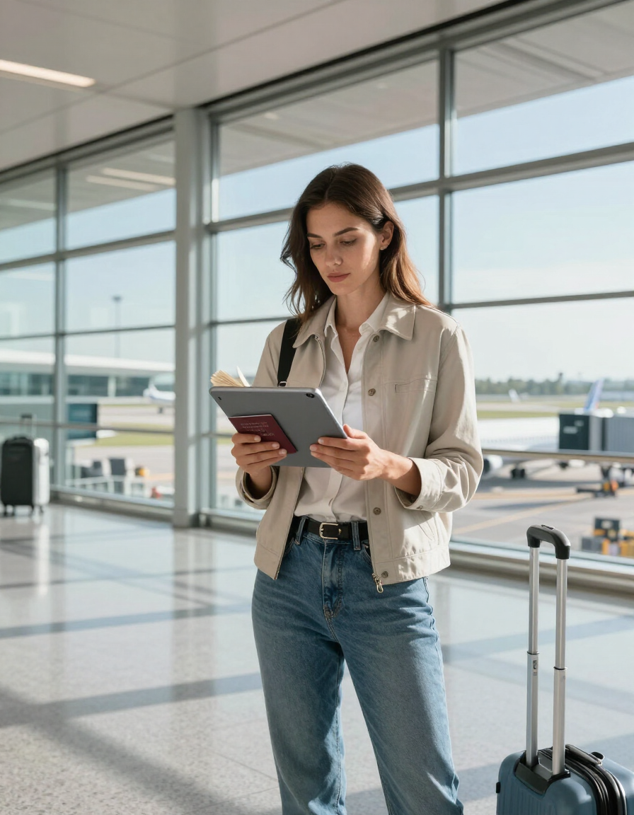 Viajero leyendo una tableta junto a una maleta en una luminosa terminal de aeropuerto.