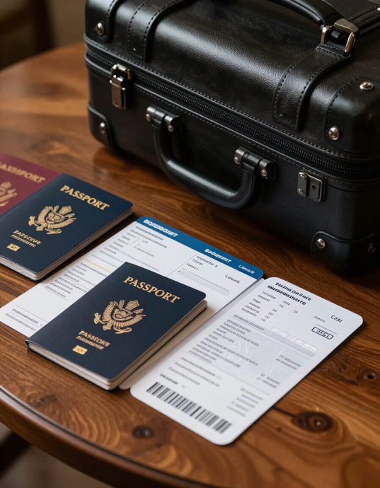 Dos pasaportes, una tarjeta de embarque y una maleta negra sobre una mesa de madera.