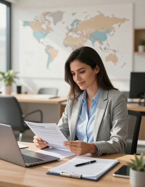 Mujer revisando documentos en un escritorio con una computadora portátil