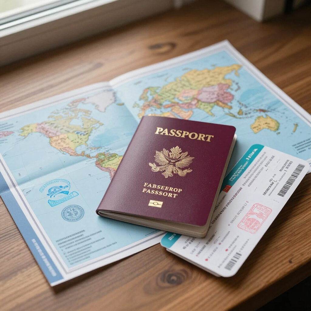 Pasaporte, mapa y tarjeta de embarque sobre una mesa de madera, listos para viajar.