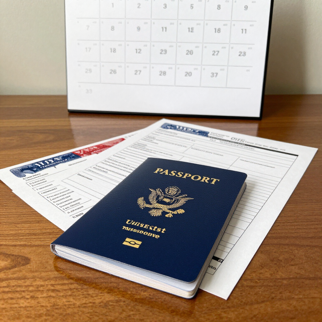 Pasaporte azul sobre papeles junto a un calendario de pared en un escritorio de madera.